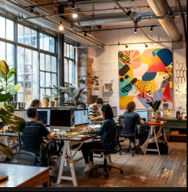 Two colleagues in conversation at a bright creative workspace