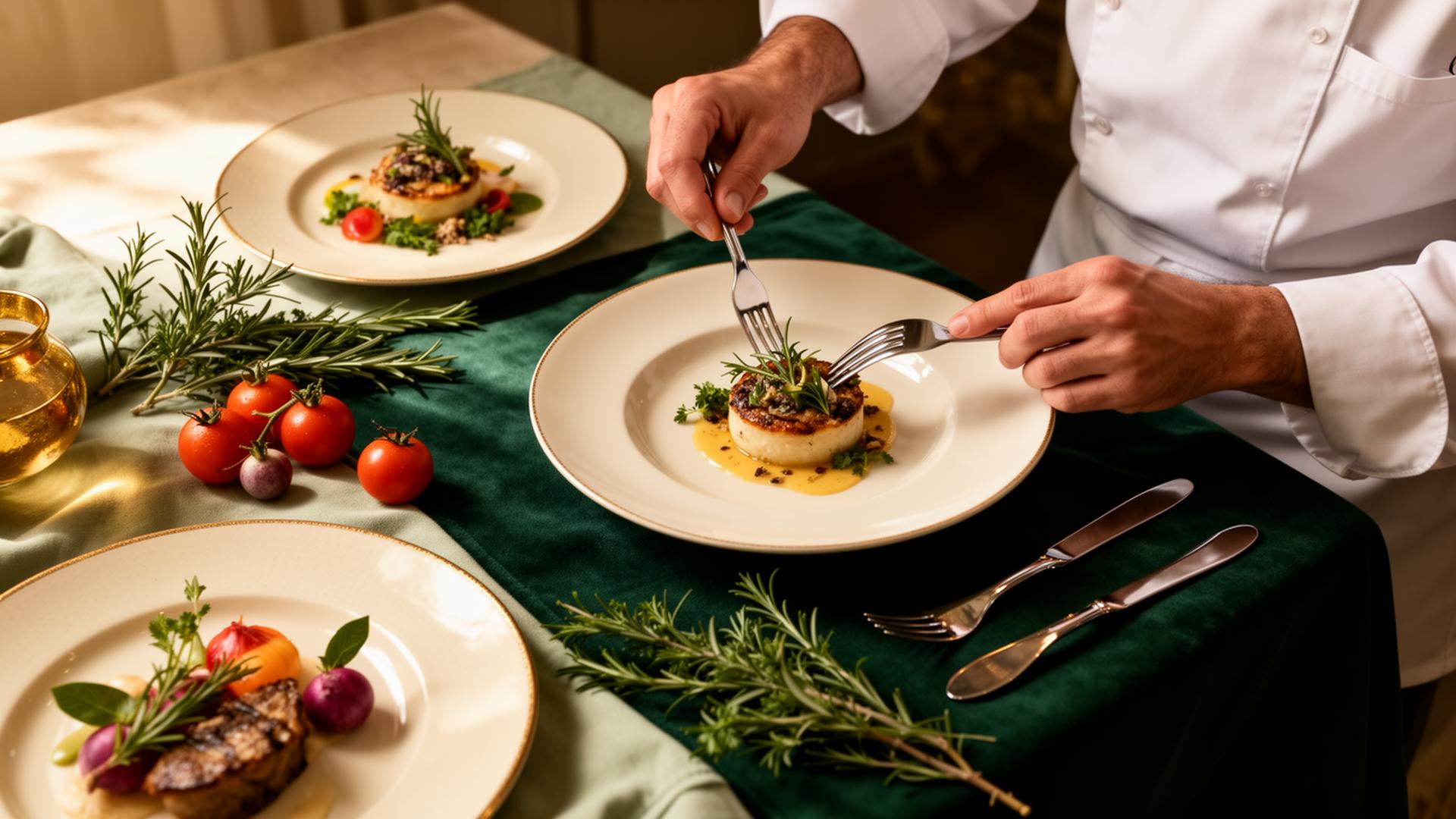 Chef plating refined fine-dining dishes with fresh herbs and seasonal ingredients