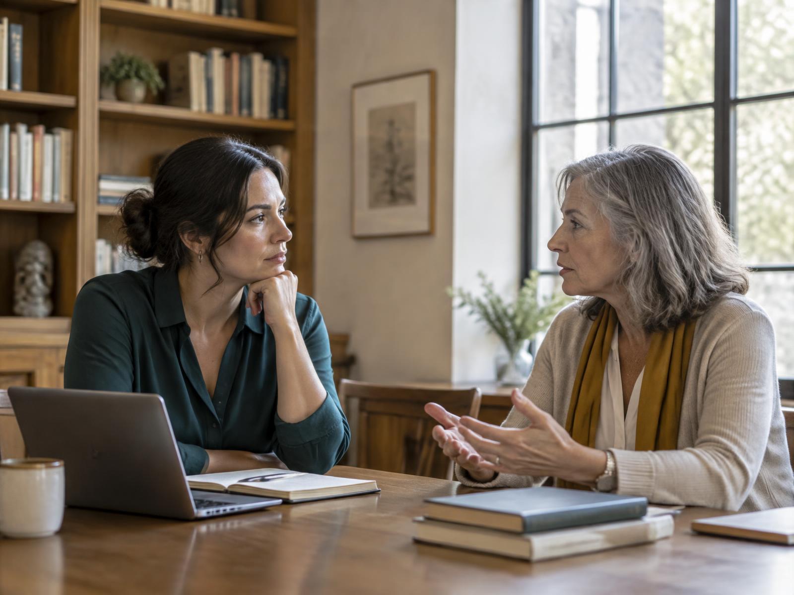Two leaders in a focused one-on-one conversation in a quiet, light-filled workspace