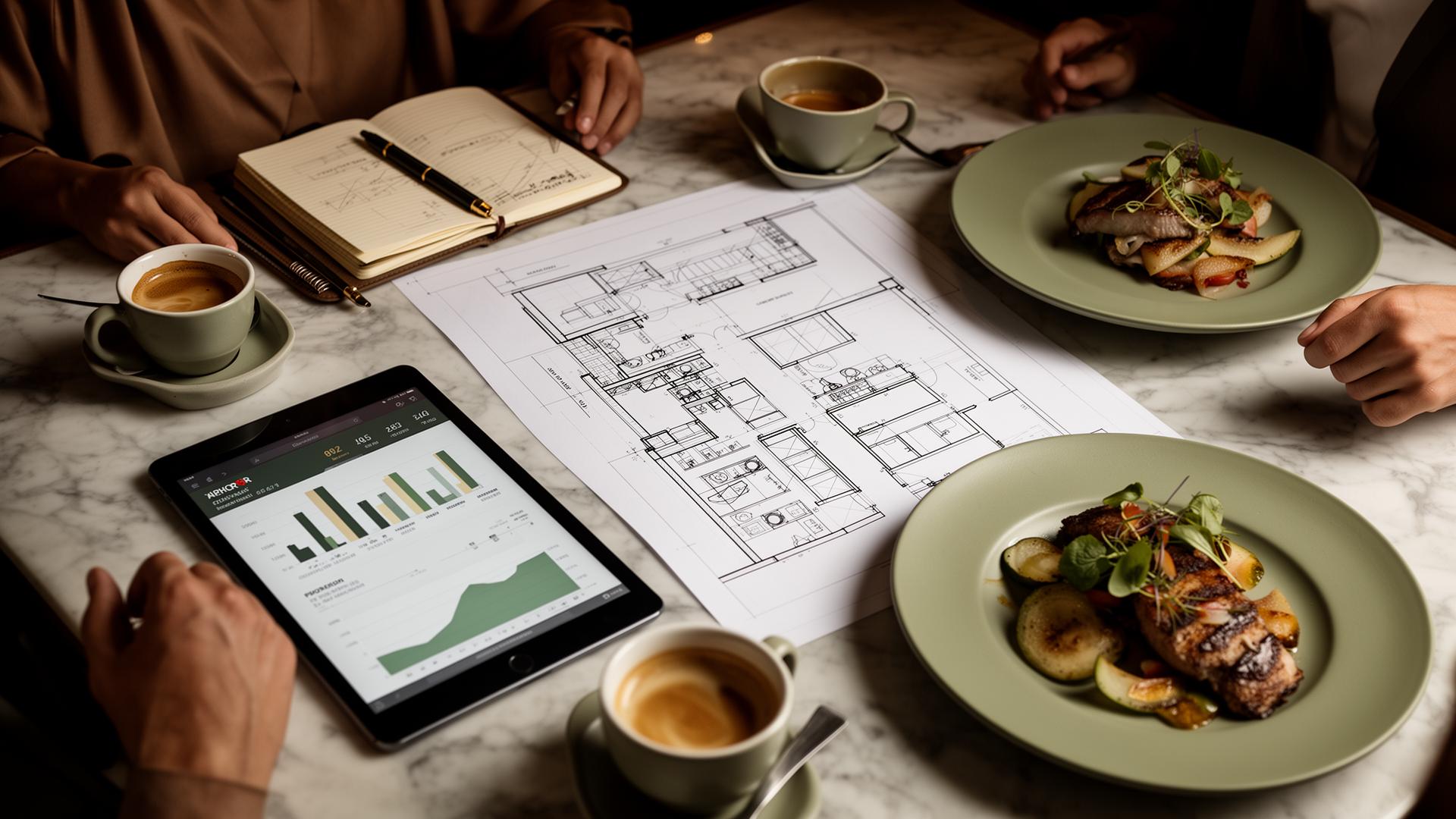 Restaurant consulting strategy session with kitchen blueprints, analytics, and plated cuisine