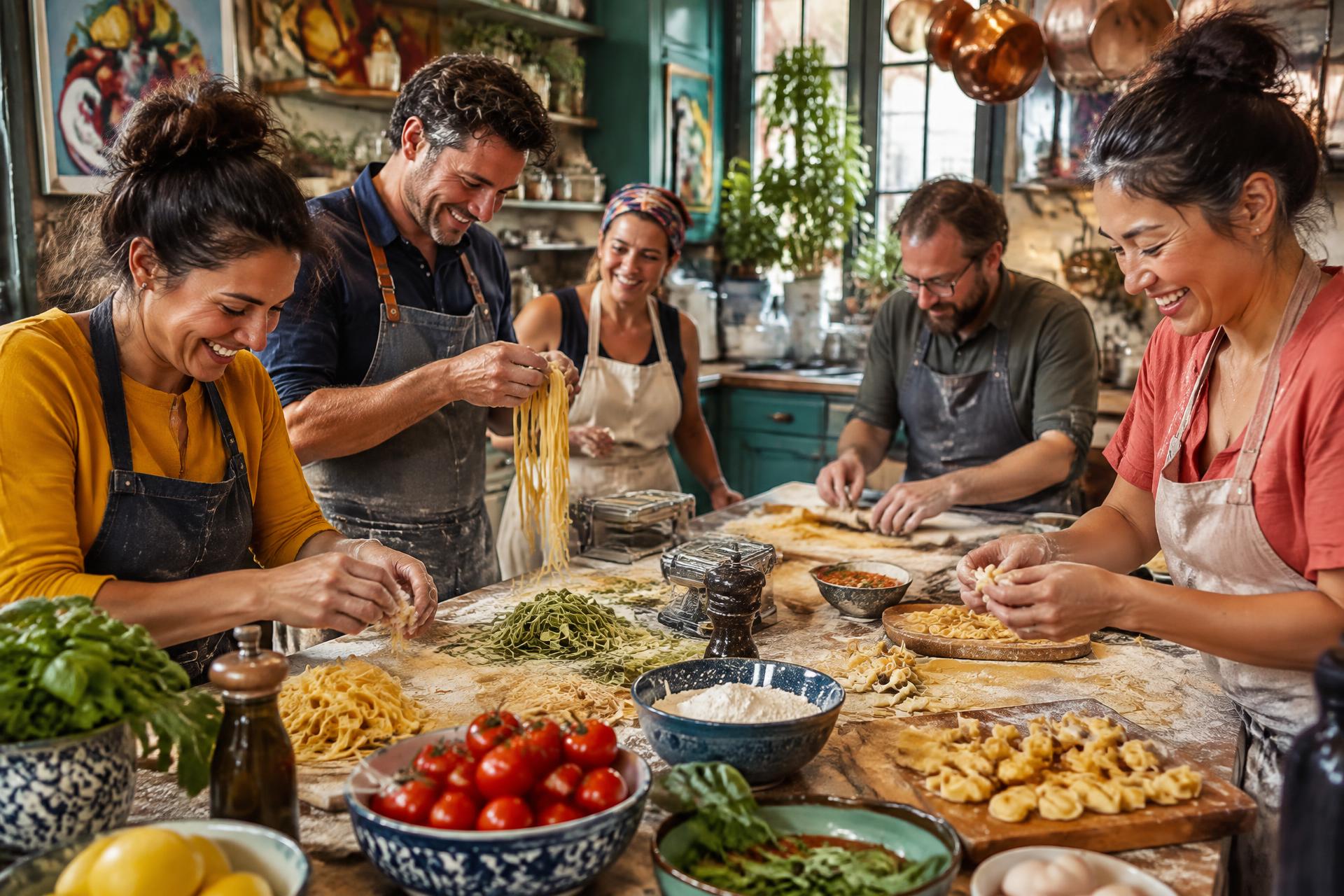 A lively group making fresh pasta together around a flour-dusted worktable