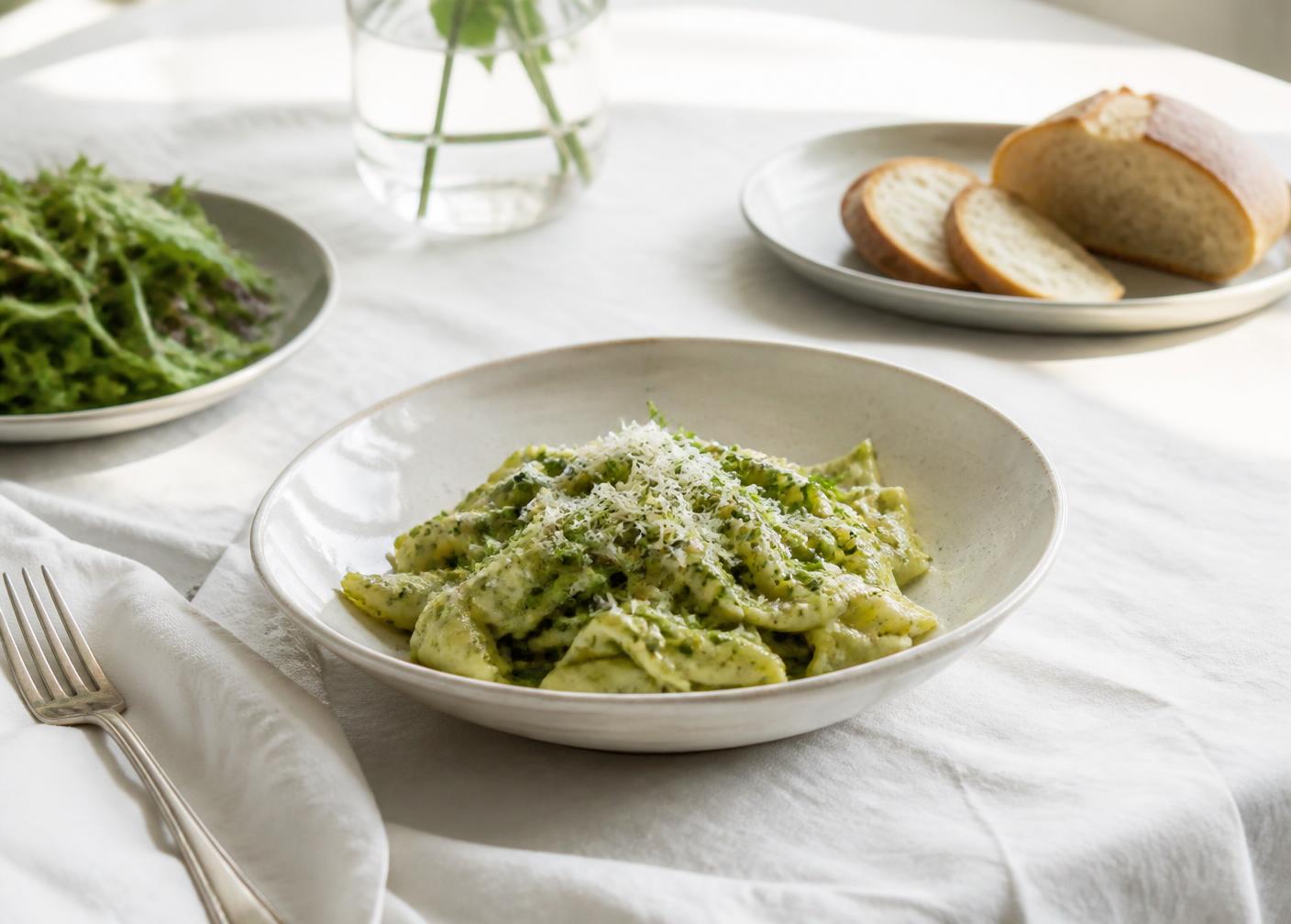 Handmade ravioli in sage brown butter, fresh fettuccine, seasonal salad and an Italian dessert on a candlelit table