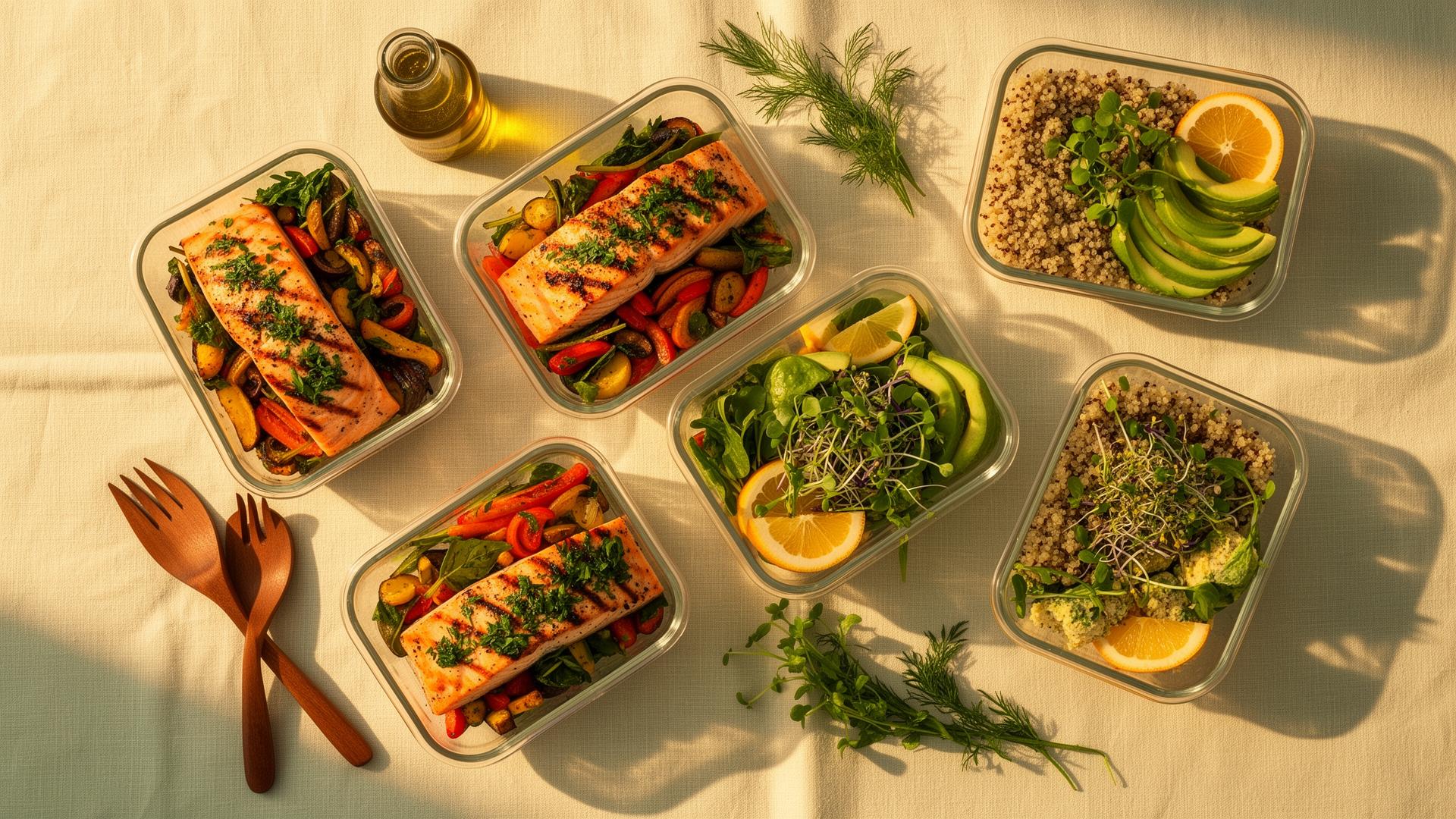 Elevated healthy meal prep spread with fresh seasonal dishes